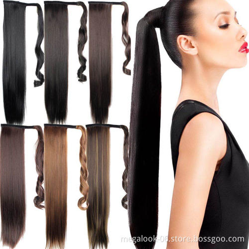 Megalook Hair Wavy Ponytail Extension for Women Wrap Around Magic Paste Yaki Ponytail Clip in Hairpieces